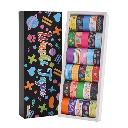 icceemee 30 Rolls Colorful Theme Washi Tape Set with Different Colorful Patterns, Writable Decorative Tapes for Scrapbooking, Junk Journal Supplies, Bullet Journaling, 0.6'' x 79'' per Roll