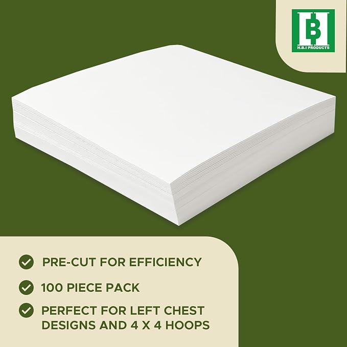 HBI Cut Away Embroidery Stabilizer Sheets, 8 x 8 in, 100 Pack | 2.5 oz precut cutaway backing, 4x4 and 6x6 hoops, knit and stretch fabrics, prevents puckering, machine embroidery, USA made