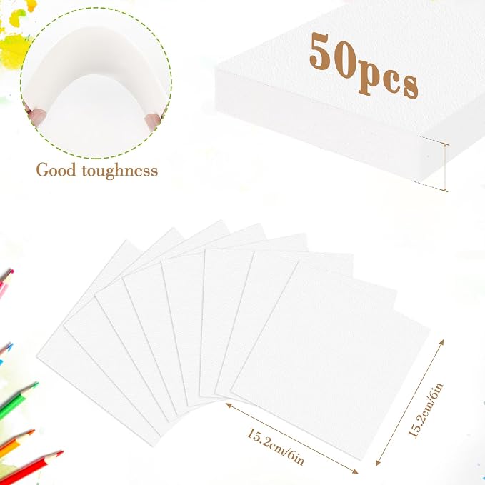 50PCS 6x6 Watercolor Paper Bulk, 140lb/300g Cold Press Thick Water Color Paper Pad for Child Adult, White Art Paper for Drawing Painting Markers Gouache, Textured Cotton Paper Sheets