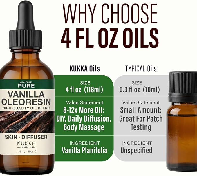 Kukka 100% Pure Vanilla Essential Oil for Skin, Diffuser, 4 Fl Oz | Vanilla Oleoresin, Long Lasting Scent for Diffuser, Aromatherapy, Perfume, Body and Massage Blends, Non-GMO, 118 mL