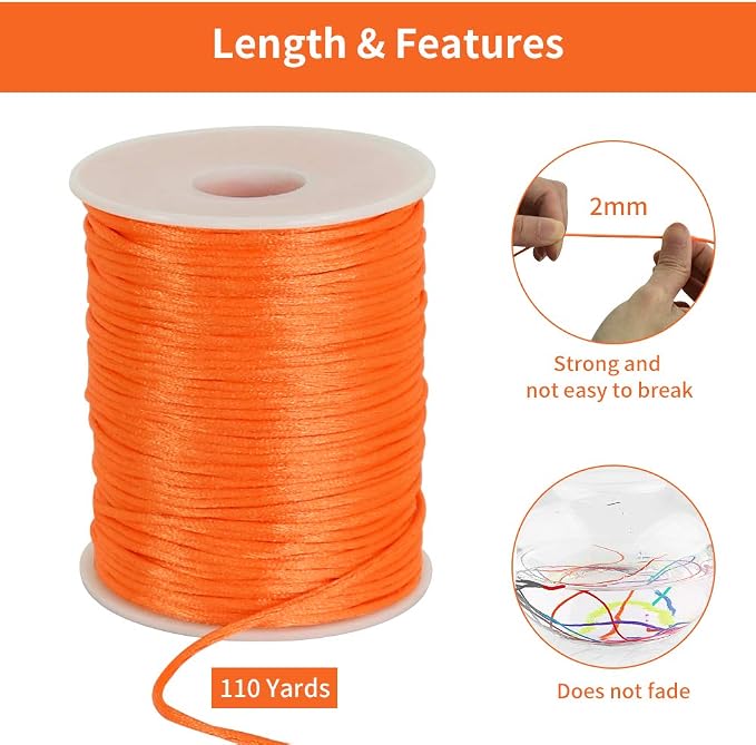 TONIFUL Nylon String Satin Cord for Necklace Bracelet Beading 2mm Orange | 110yd Non elastic durable non fading, for Jewelry Making Thread Rattail Macrame Trim Kumihimo Chinese Knot Craft Tags Hanging