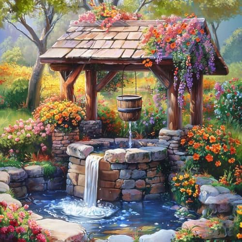 GEWOUVIN Garden Well Diamond Art Kits for Adults,Diamond Painting Kits for Adults Beginners, DIY Full 5D Round Drill Gem Art Kits for Gift Home Wall Decor【13.8x13.8inch】