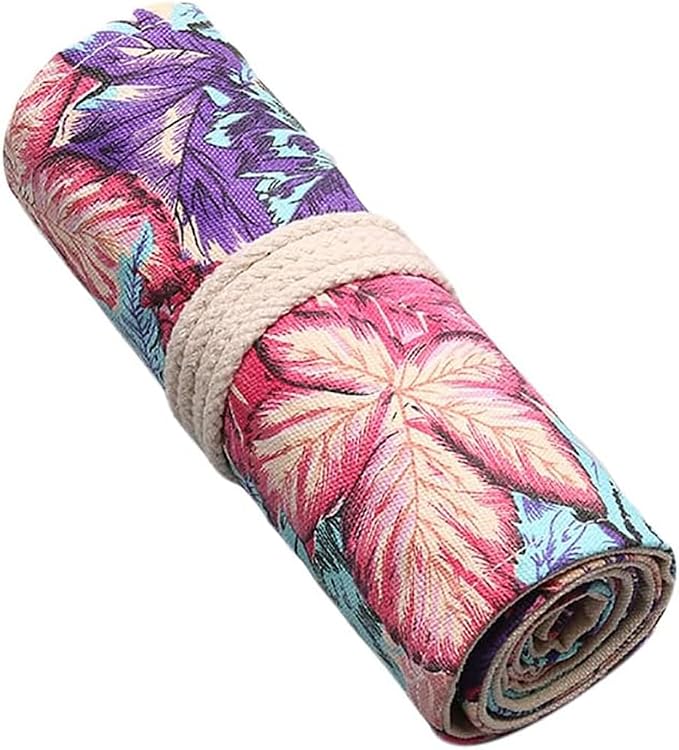 DIYOMR 12/24/36/72 Slots Pencil Wrap Pencil Rolls, Artist Colored Pencils Roll Up Bag Short Brushes Pouch Case Pencils Organizer for Drawing Coloring and Sketching, No Pencils (Maple Leaves, 12slots)