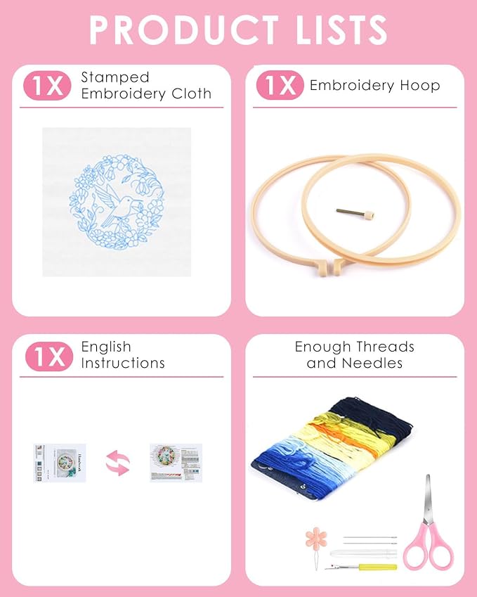 TINDTOP Embroidery Kit for Beginners Adult, Hummingbird Embroidery Kit | Include Embroidery Cloth Hoops Threads for Craft Lover Hand Stitch with Embroidery Skill Techniques