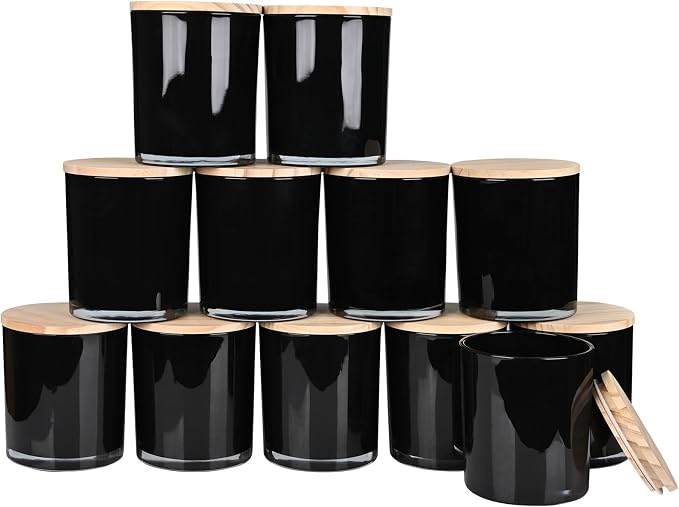 SHOWIN Thick Candle Jars for Making Candles 12 Pcs, 14 OZ Empty Jars with Wood Lids for Candle Making, Sample Container, Inner Black