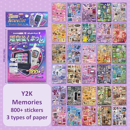 Japanese Retro Sticker Book, 800 Cartoon Stickers Book with Art Coated Paper Creative Activity Stickers for Adults, DIY Scrapbooking Phone Cases Laptops Party Gifts (Y2k)