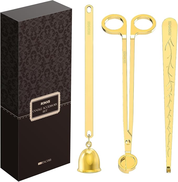 RONXS 3 in 1 Candle Wick Trimmer Set, Snuffer, Dipper, Cutter, Gold | Candle Care Accessory Kit, Stainless Steel, Trims Wick, Puts out Flame and Dips, Gift Box for Candle Lovers Home Decoration