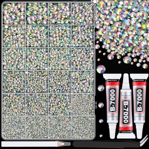 25000Pcs Resin Rhinestones with Tweezers for Bedazzling, AB 2-6mm Mixed Sizes Crystal with 3Pcs 10ml B7000 Jewelry Glue for Nail Art Makeup