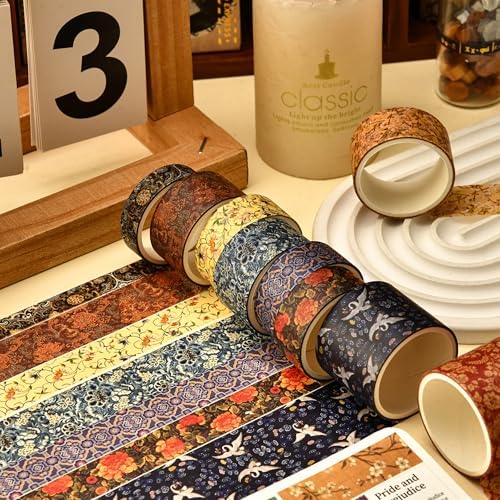 12 Rolls Chinoiserie Washi Tape Set Chinese Arts Adhesive Tapes Geometric Garden Decorative Masking Tape Sets for Craft, Kids, Scrapbook, DIY, Gift Wrapping (Drifting on Azure Waves)