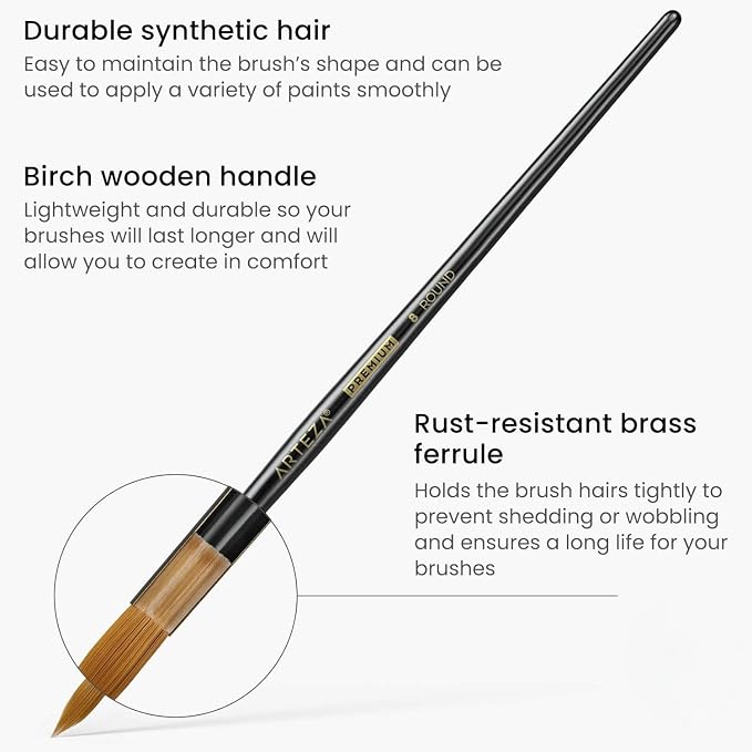 ARTEZA Paint Brushes Set of 12, Acrylic and Oil Paint Brushes with Synthetic Hair, Rust-Resistant Ferrules and Birch Wooden Handles for Canvas, Crafts, Blending, Layering, and Detail Work