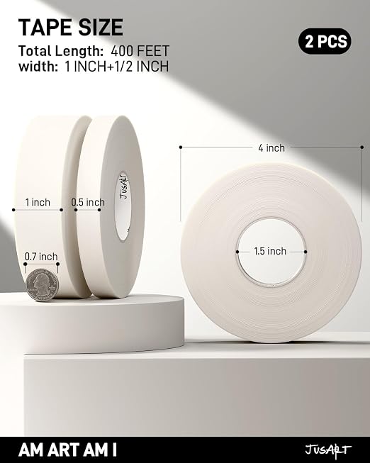 JusArt Artist Tape for Watercolor Paper, 1/2 inch and 1 inch Wide | 2-Roll Combo Pack, for Masking, Drafting and Painting, White Art Tape, Acid Free, Low Tack