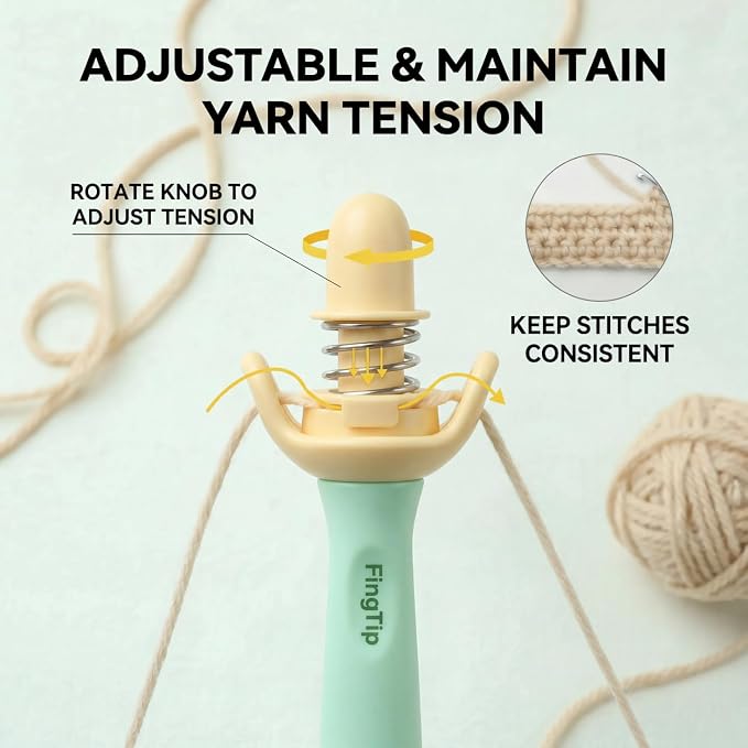 FingTip Crochet Tension Tool Kits for Beginner, Ergonomic Yarn Guide Holder, Comfort Grip Handle for Left & Right Hander, Portable Crochet Accessories Gifts for Crocheters & Knitters(Green)