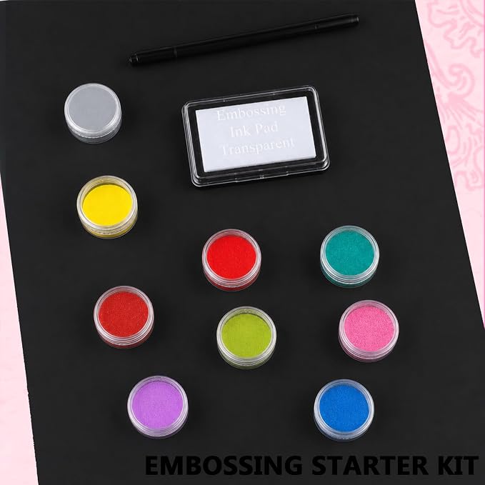 Lanties Embossing Kit with Heat Tool Bundle | 8 x 10ml Embossing Powders, Clear Embossings Pen and Ink, Complete Embossings Kit for Starter Crafts, Rainbow Color