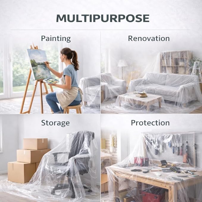 GREEN LIFESTYLE Plastic Drop Cloths for Painting 12 x 9 ft [6 Pack] – Waterproof Paint Drop Cloth, Plastic Sheets Floor Cover, Disposable Tarp for Furniture Protection, Remodeling and Moving