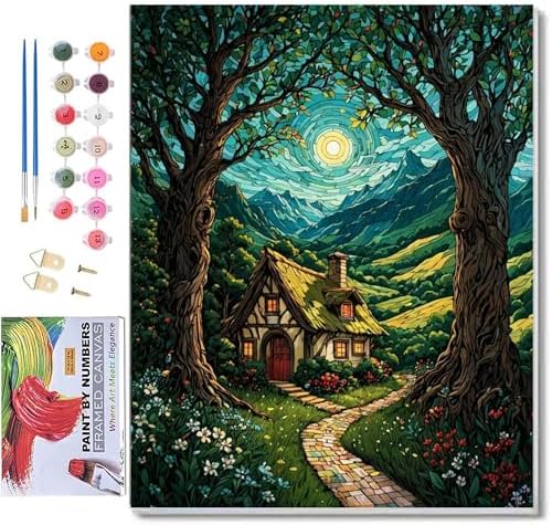 ldazao Landscape Framed Paint by Numbers Kit for Adults Beginner Moon Forest Adult Paint by Number Artist Kits On Canvas DIY Oil Painting Kits for Gift Wall Decor 9.5x12 Inch