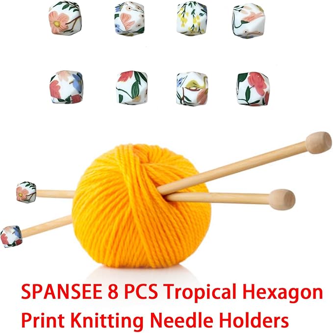 SPANSEE 8 PCS Tropical Hexagon Print Knitting Needle Holders, Stitch Stoppers, Knitting Needle Point Protectors, Knitting Accessories fit Size 2.5-13 (3mm-9mm) Needles