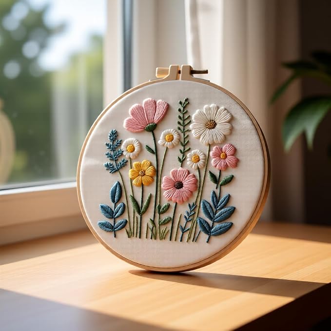 Embroidery Kit for Beginners & Adults Starter Kit, Cross Stitch Kits,DIY Hand Embroidery Needlepoint Set with Hoop, Pre-Printed Fabric, Threads and Instructions (Flower)
