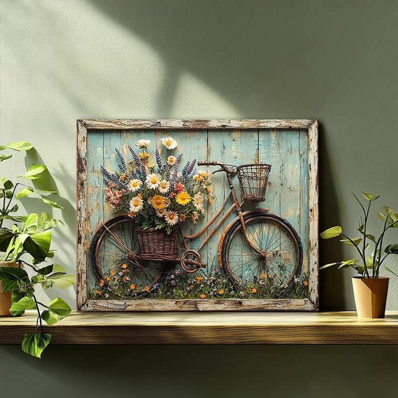 Clendo Vintage Paint by Numbers for Adults - Bicycle Adorned with a Basket Full of Blooming Flowers, DIY Paint by Number Acrylic Canvas Painting Art Kits for Home Decor 16x20 Inch (Without Frame)