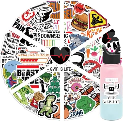 Inspirational Fitness Stickers Bulk for Adults, 50 Pcs Cool Weightlifting Stickers for Water Bottles, Positive Affirmation Workout Sticker Pack for Computer Laptop Phone Case Luggage