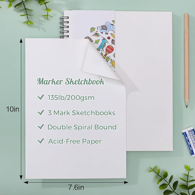 2 Pack Marker Paper Pad 7.6 × 10 in, Double-Sided, 200gsm Spiral