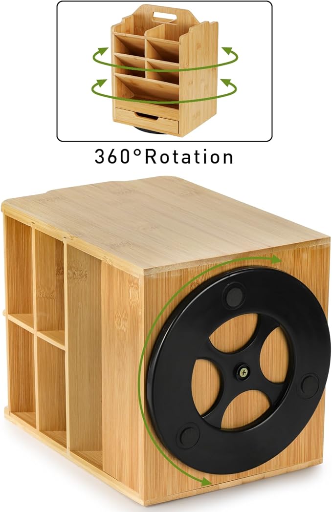 SOUJOY Bamboo Pen Holder Organizer, 360°Rotating Art Supply Storage Caddy, Hold 400+ Pencils, 15 compartments Office Desk Stand Box with Handle for Marker Pens, Colored Pencil, Art Brushes