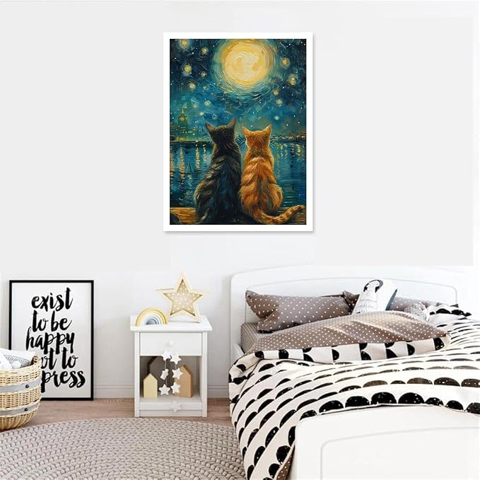 Cat Paint by Numbers for Adults with Easel, Framed Painting by Numbers kit on Canvas for Beginners, Starry Night Oil Painting Set Craft Supplies, 3 Paintbrushes and Acrylic Paint 12x16 Inch