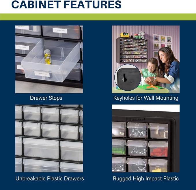 Akro-Mils 44-Drawer Plastic Drawer Storage Cabinet for Garage Organization, Bead Organizer, Building Bricks Storage, Teacher Toolbox, Makeup Organizer, 20-Inch W x 6-Inch D x 16-Inch H, 10144 Yellow