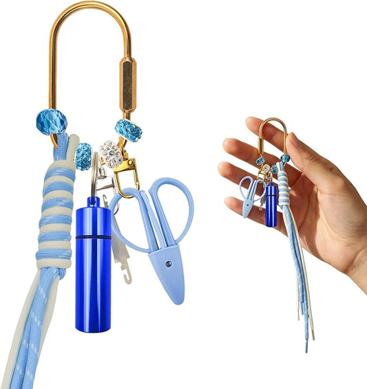 MAGNEECH Needlepoint Keychain Kit, Needlepoint Bag with Mini Embroidery Scissors, Needle Threader, Needle Holder Tube & Gold Keyring, Portable Cross Stitch Sewing DIY Crafts (Blue)