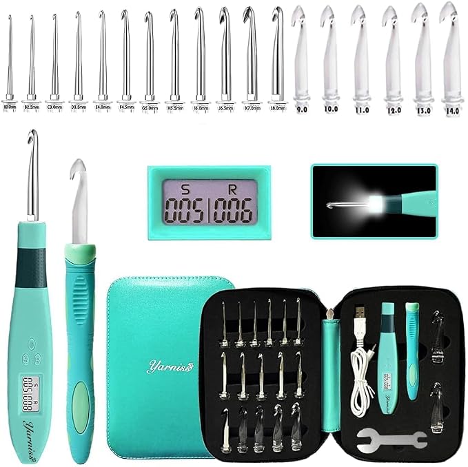 Yarniss 18 Size Counting Crochet Hooks Set with Light Handle 2.0mm~14.0mm