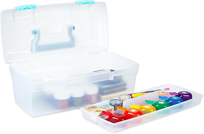 ArtBin 6937AG Essentials Lift-Out Tray Box, Portable Art & Craft Organizer with Handle and Tray, Clear/Aqua