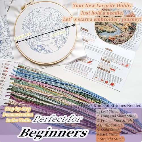 FONNUY 2 Set Embroidery Kit DIY for Adult Beginner, Pre-Stamped Patterns Mountain Sea Embroidery Kits with Hoop, Colored Threads and Needles, Easy to Follow Needlework (Boho Trees)