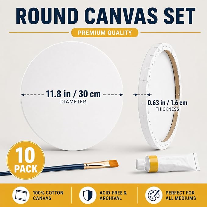 10 Pack Stretched Canvas for Painting, 12 Inch Round Canvas Panel, Circle White Art Canvas Panels, Cotton Primed Paint Blank Canvas for Oil, Acrylic, Gouache, Crafts
