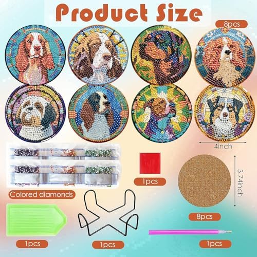 ijbnhd 8 PCS Dog Diamond Art Coasters Kit Diamond Painting Coasters