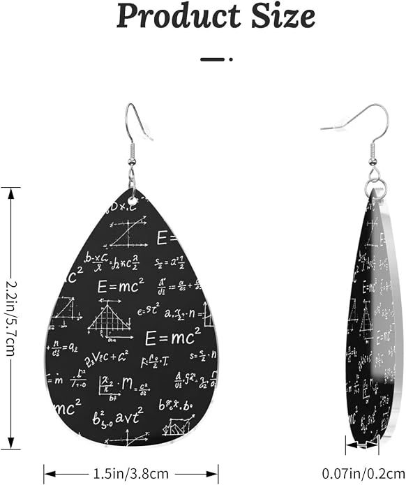 Math Formula Equation Black Drop-Shaped Earrings 2.2 x 1.5 Inches