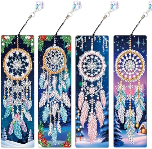 4 Pieces 5D Diamond Painting Bookmarks for Adults, Dreamcatcher Rhinestone Bookmarks with Tassels, DIY Handmade Diamond Art Bookmark Craft Kit, Unique Book Marks Set for Book Lovers