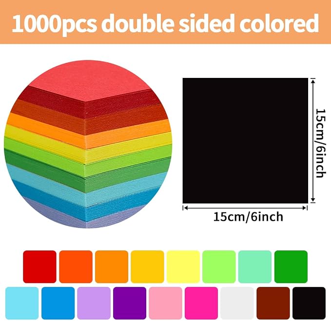 Praisebank Black Origami Paper, 1000pcs 6x6 inch, Double Sided Color, Origami Kit with Guide instruction for Crafts