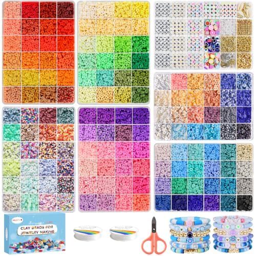 Redtwo 23000 Pcs 144 Colors Clay Beads Bracelet Making Kit | 7 Boxes Flat Polymer Heishi Bead Set with Charms for Friendship Bracelets and Jewelry Making, Gift for Girls Ages 6–12