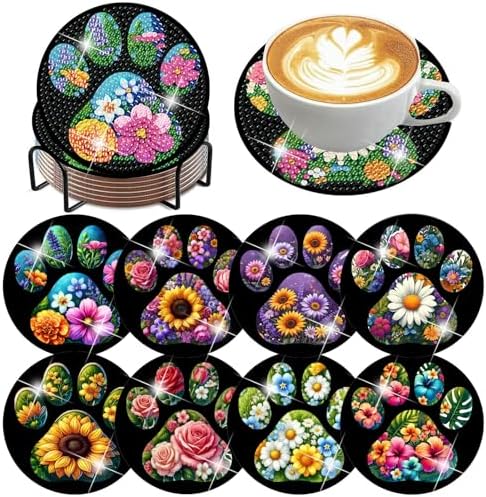 ijbnhd 8 Pack Diamond Art Coasters Kits Dog Paw (Cork Wooden Pad)