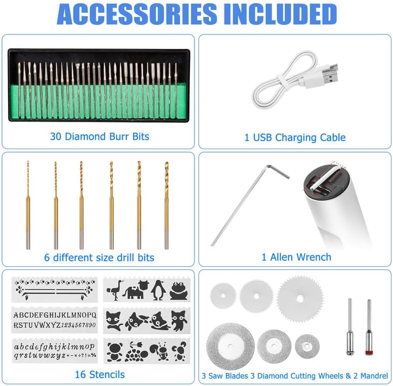 Uolor USB Rechargable Engraving Pen with 42 Bits, Mini Electric DIY Engraver Cordless Rotary Tools Portable Engraving Tool for Jewelry Wood Metal Stone Plastic Glass Etching
