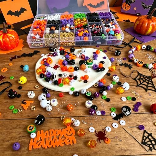1970Pcs Halloween Bracelet Kit, Halloween Beads for Bracelets Jewelry Making Orange Black White Purple Polymer Clay Beads Pumpkin Evil Eye Skull Bead with Ghost Spider Charms for DIY Craft Earring