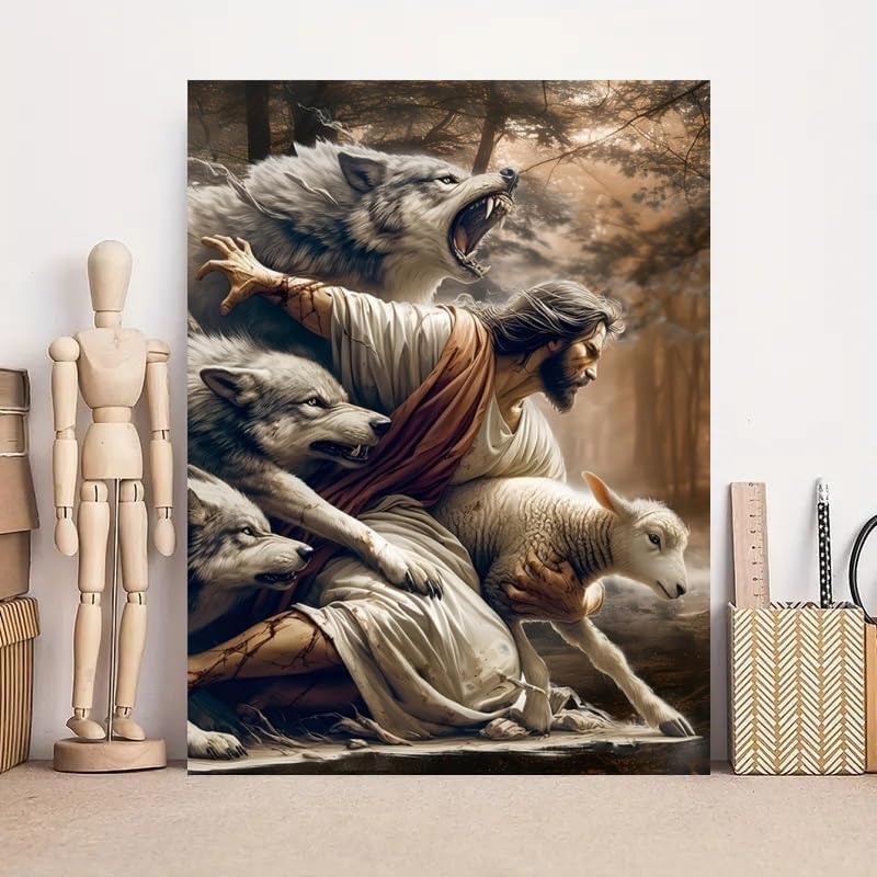 KYOQFVN Jesus and Wolf Paint by Numbers for Adults - DIY Adult Paint by Number Kit on Canvas, Easy Acrylic Painting Kits for Home Wall Decor 16x20 Inch（Without Frame）