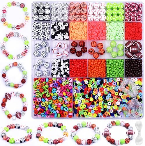 2480pcs Sports Ball Polymer Clay Beads Charms for Friendship Bracelets Making Kit Cute Fun Beads DIY Arts Crafts Birthday Gifts for Kids Girls Baseball Basketball Soccer Rugby Volleyball Football Bead