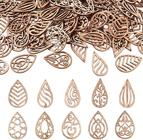 Elecrelive 100pcs Wood Earring Blanks Filigree Teardrop Pendants Unfinished Wooden Cutout Craft Wood Pieces for DIY Jewelry Making Hanging Ornaments