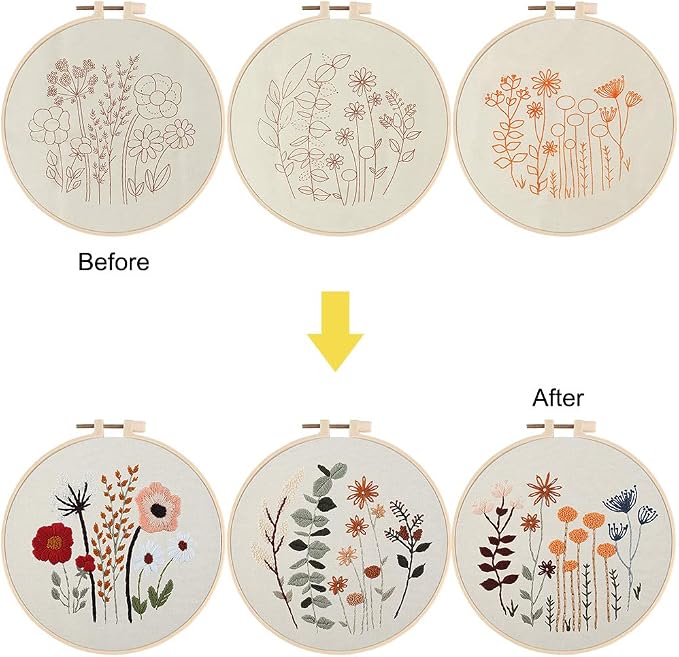 Uphome 3 Pack Embroidery Starter Kit for Beginners Stamped Cross Stitch Kits with Cute Flowers and Plants Patterns with 1 Embroidery Hoop and Color Threads for Adults Kids