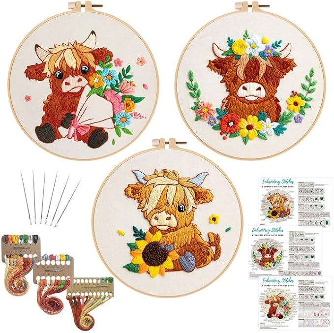 Nuberlic 3 Pack Embroidery Kit for Beginners, Highland Cow Embroidery Kits