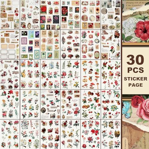 Vintage Flowers Scrapbook Stickers with 400 Pre-Cut journaling Sticker 20 Scrapbook Paper washi Stickers for Journaling Floral Scrapbooking Sticker