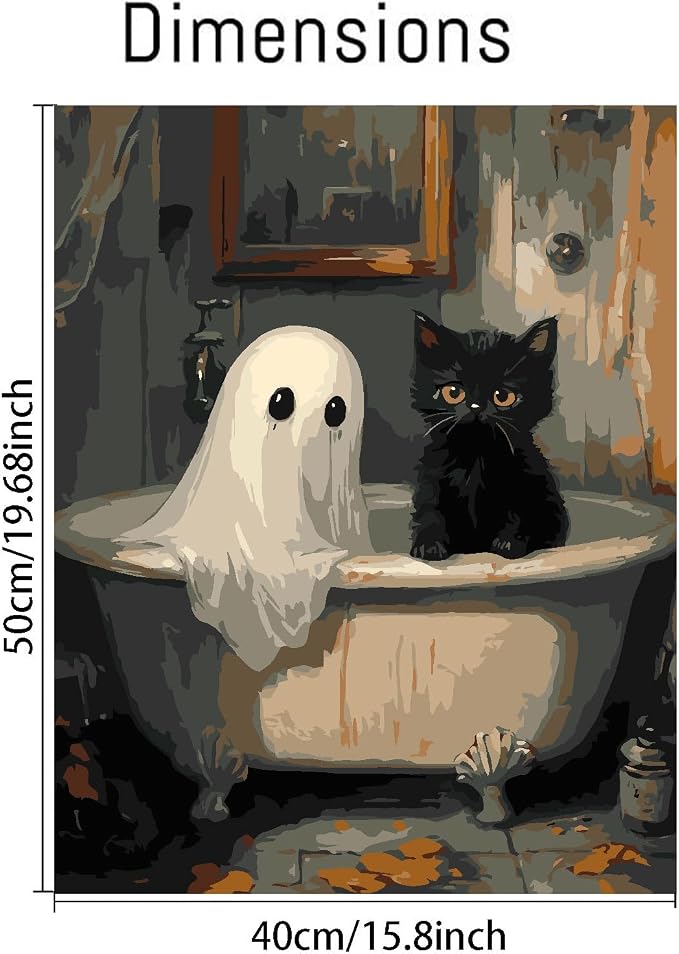 Clendo Halloween Paint by Numbers Kit for Adults, Ghost Oil Painting by Numbers with Brushes, Black Cat Art and Crafts Canvas Kit for Beginner Home Decor 16x20 inch / 40x50 cm