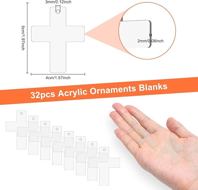 32Pcs Clear Acrylic Keychain Blanks Acrylic Ornament Blanks Acrylics Ornament with Hole for Christmas Decor, Painting, DIY Keychain and Craft(Cross)
