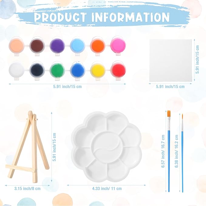 Qilery 12 Set Canvas Painting Kit, Mini Canvas with Wooden Easels Acrylic Paints Strips, Brushes, Palette, Art Set for Acrylic Oil Watercolor Adults Birthday Party Favors(6 x 6 Inch)