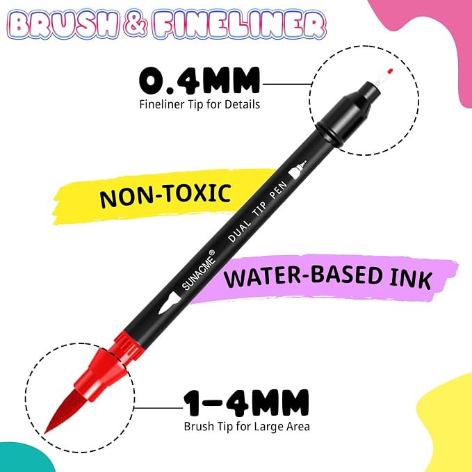 sunacme 36 Colors Dual Brush Marker Pens, Art Marker Set with Brush and Fineliner Tip for Adults Coloring Books, Journaling, Note Taking